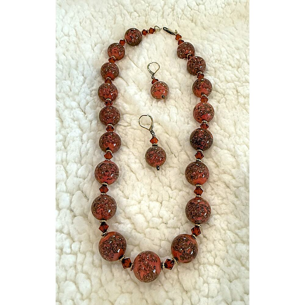 Coral Murano Glass with Glitter Gold in Glass Necklace & Earrings EUC
